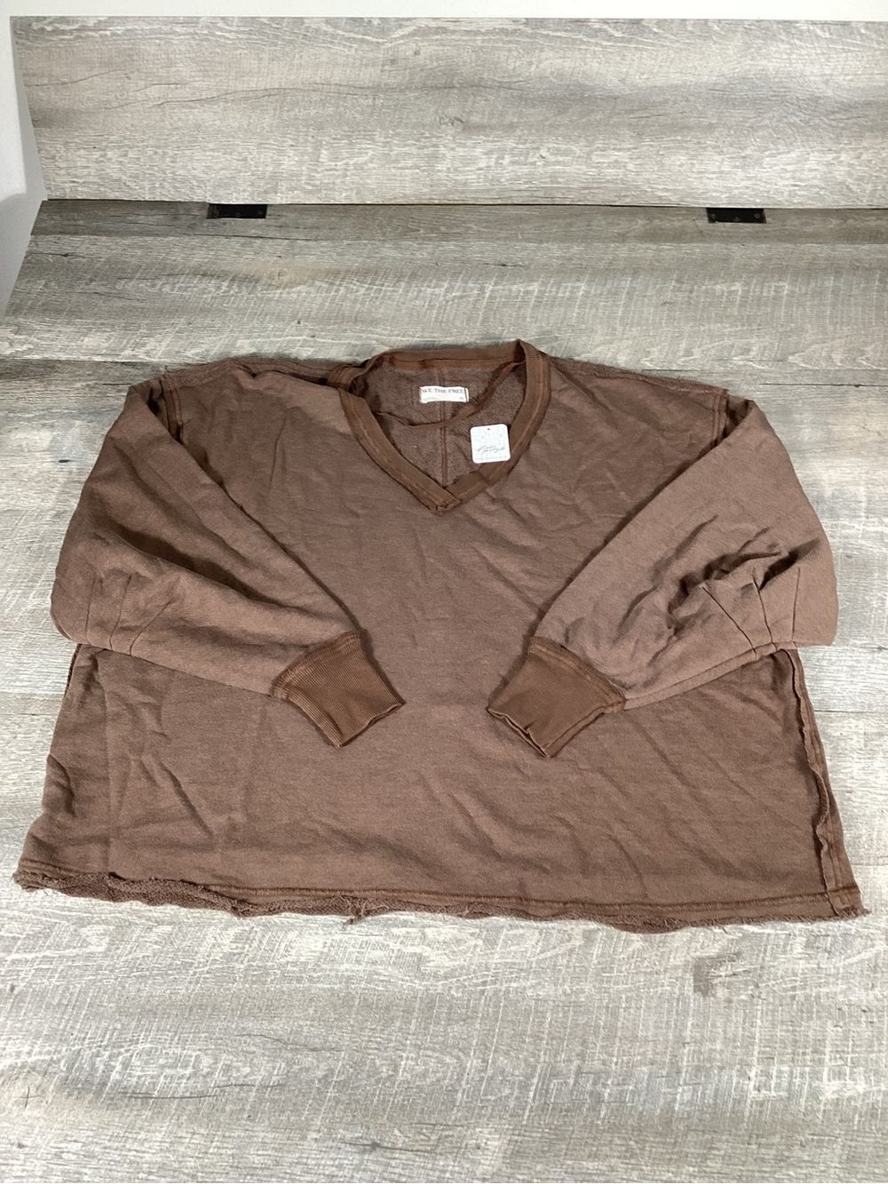 Free People We The Free Oversized V Neck Sweatshirt Brown Raw Hem M